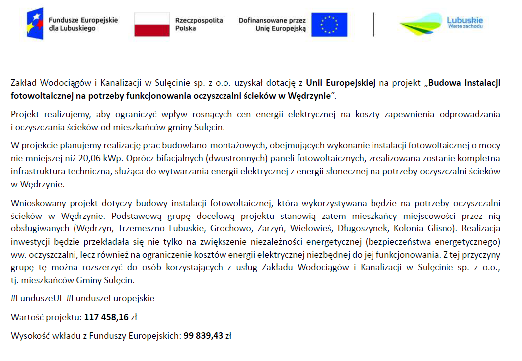 Projekt: budowa instalacji fotowoltaicznej na oczyszczalni ścieków w Wędrzynie