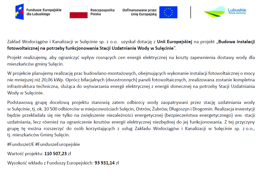 Projekt: budowa instalacji fotowoltaicznej na SUW w Sulęcinie